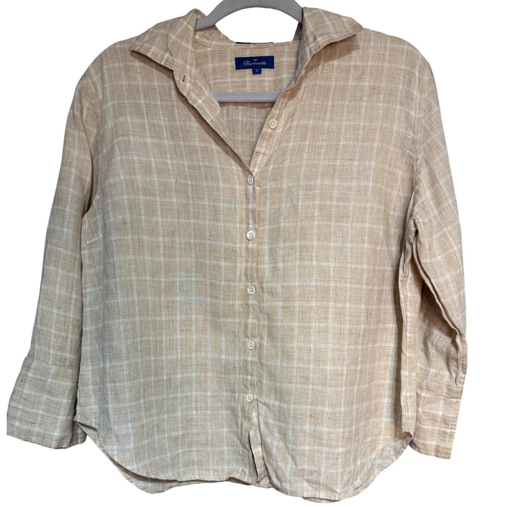 Faconnable‎ Womens 100% Linen Plaid Button Down Shirt Beige White Size L 3129